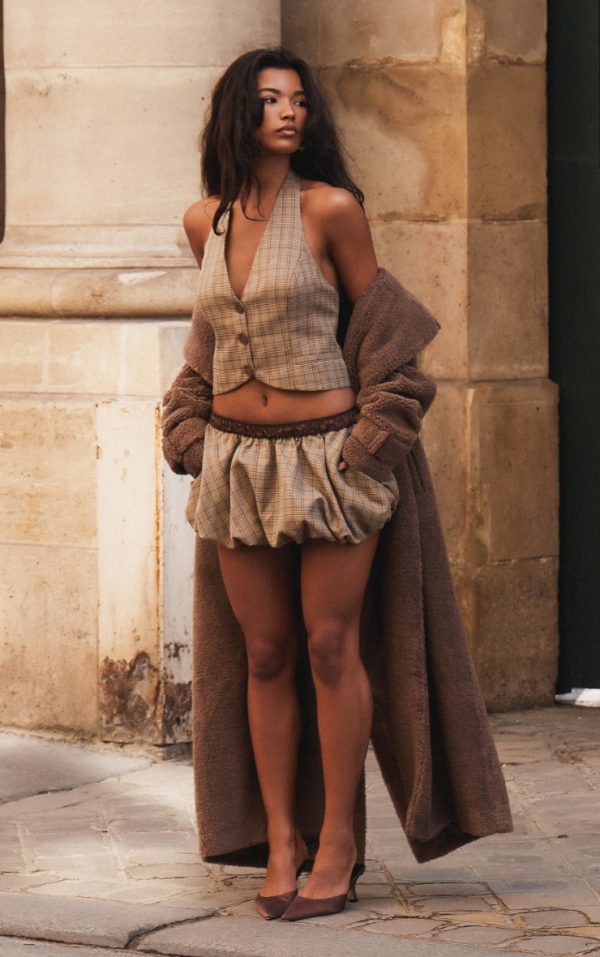 Brown Check Woven Tailored Puff Ball Waistband Skirt