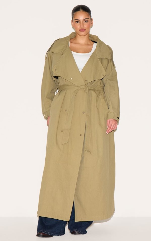 Plus Light Khaki Popper Detail Trench Coat