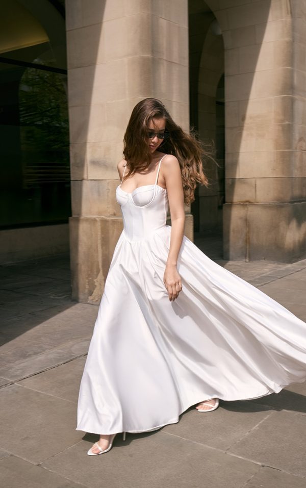 Premium White Satin Corset Skater Maxi Dress