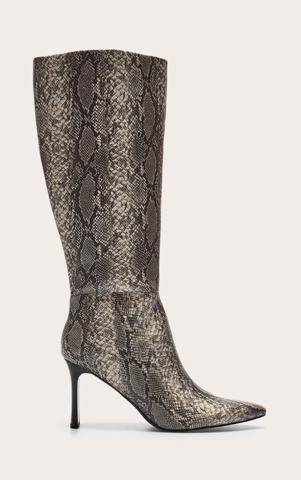 Snake Pu Point Toe Thin Block High Heel Knee High Boots