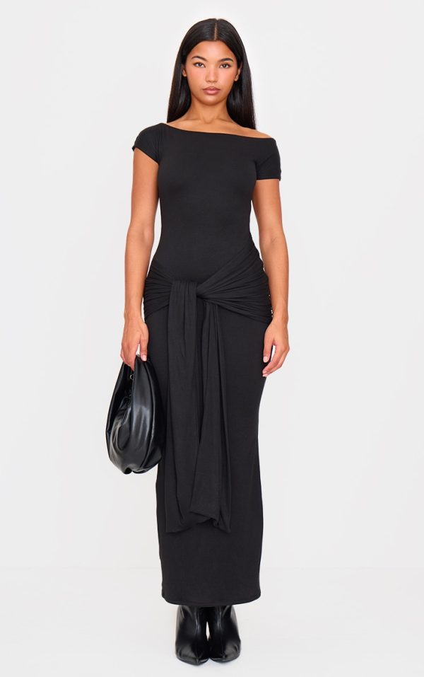 Black Double Contour Boat Neck Wrap Maxi Dress
