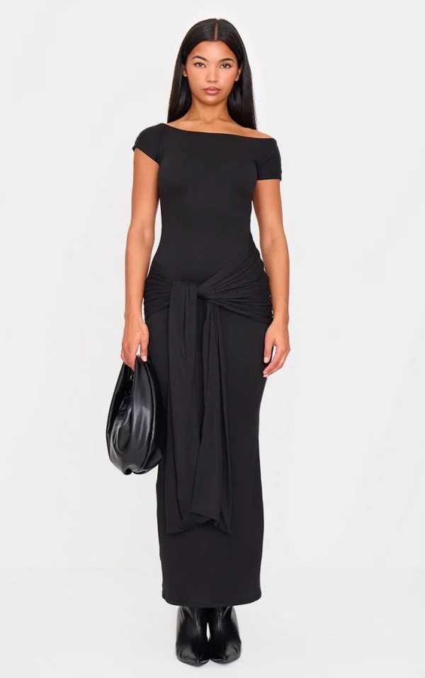 Black Double Contour Boat Neck Wrap Maxi Dress