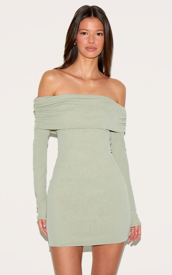Sage Green Onion Skin Bardot Ruched Bodycon Dress