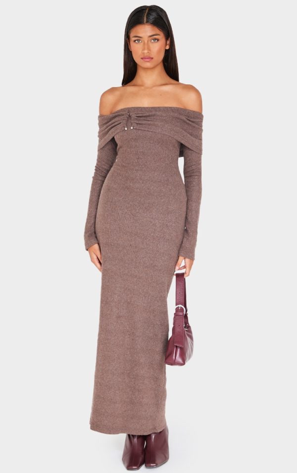 Chocolate Heavy Brushed Rib Bardot Trim Maxi Dress