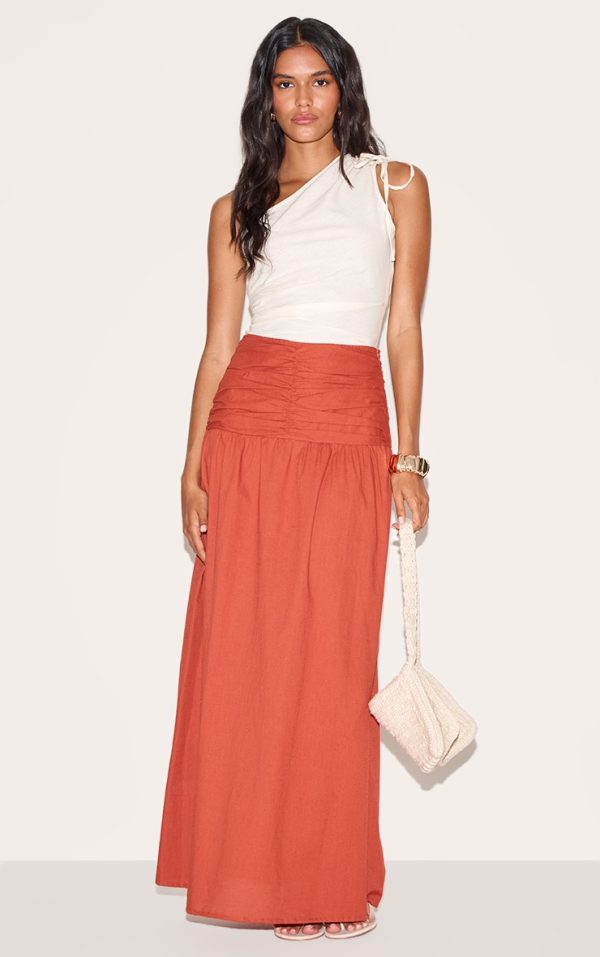 Rust Cotton Ruched Waist Maxi Skirt