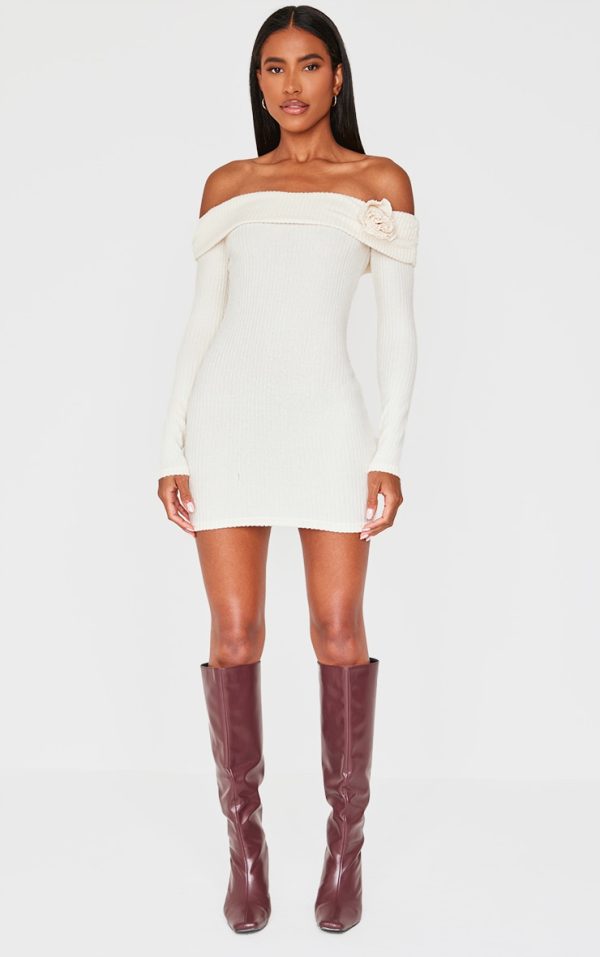 Cream Brushed Rib Fold Over Bardot Corsage Detail Bodycon Dress