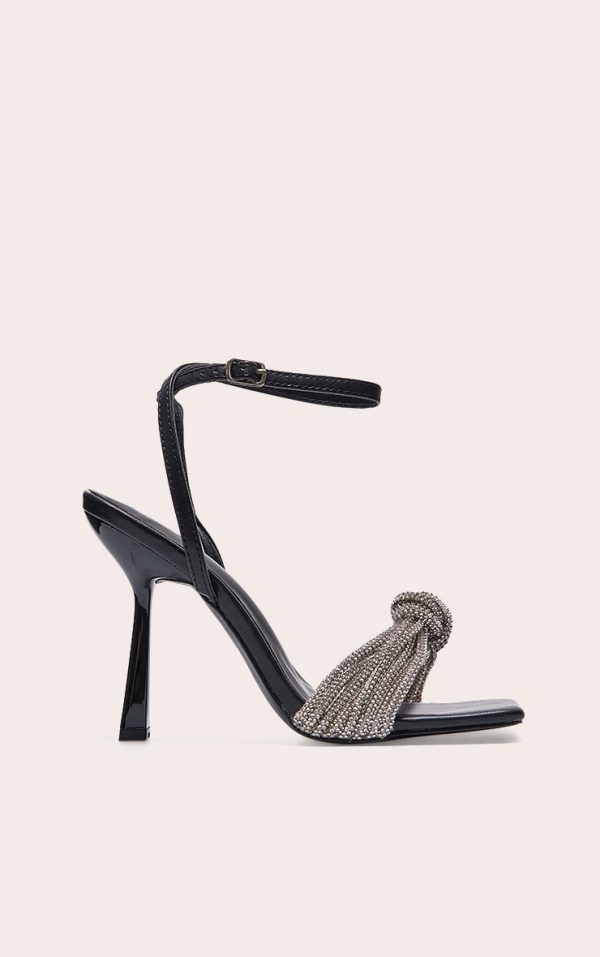 Black PU Wide Fit Square Toe Diamante Knot Barely There Heeled Sandals
