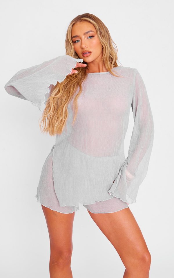 Light Grey Sheer Textured Longline Top