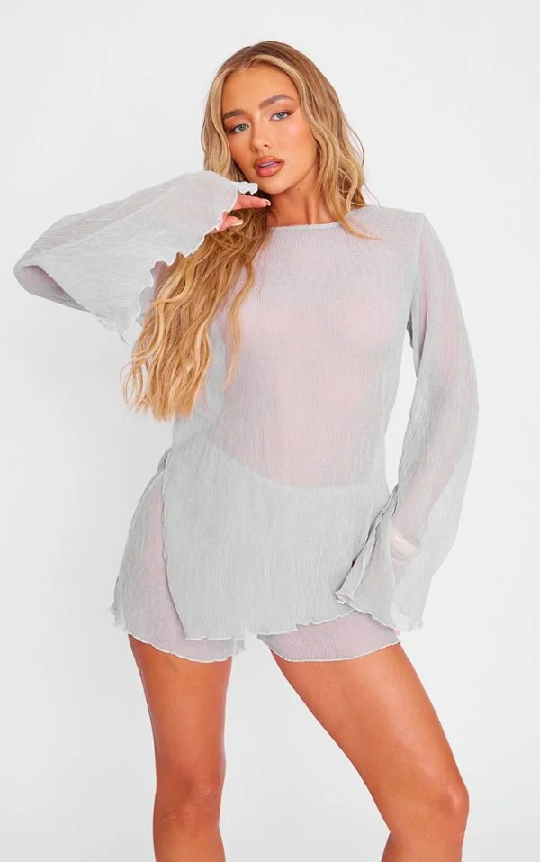 Light Grey Sheer Textured Longline Top