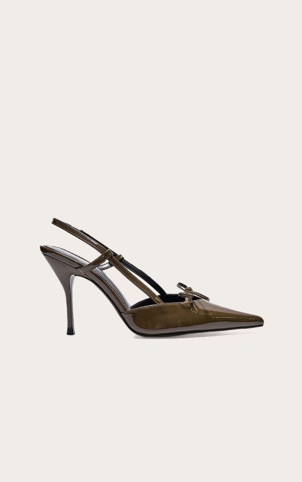 Olive PU Point Toe Bow Detail Mid Heel Courts
