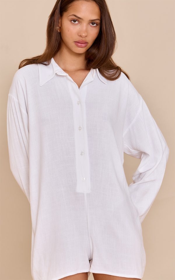 White Linen Look Floaty Shirt Detail Romper