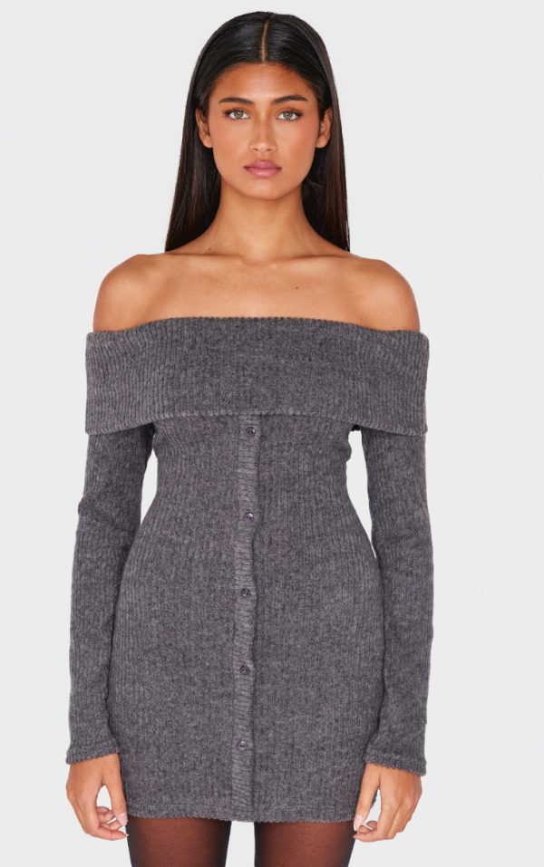 Grey Brushed Rib Button Down Bodycon Dress