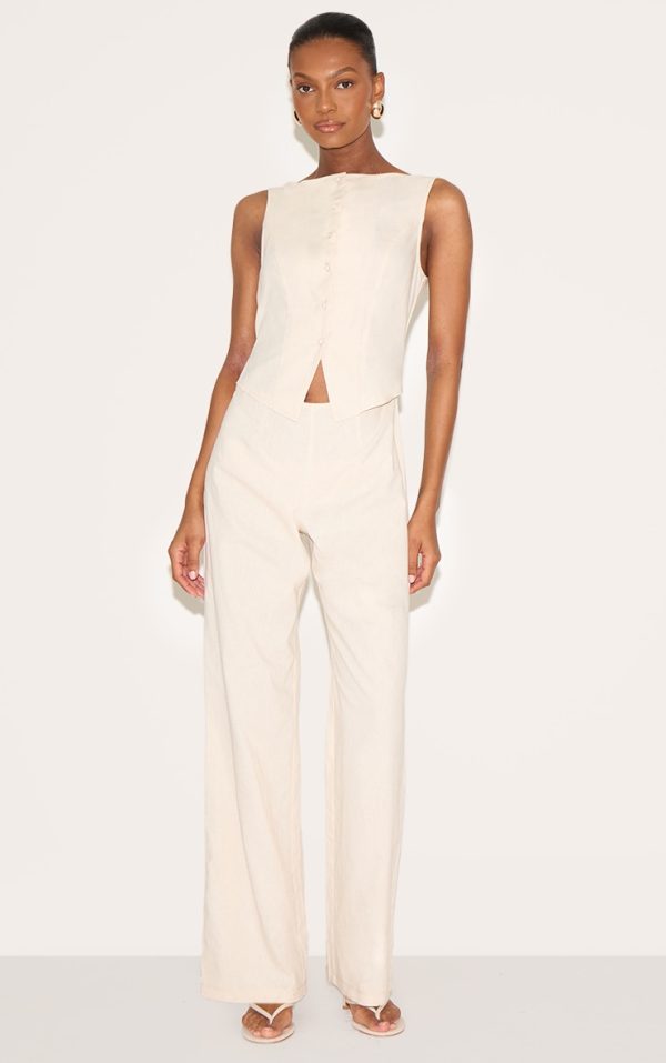 Stone Linen Blend Vest Detail Straight Leg Jumpsuit