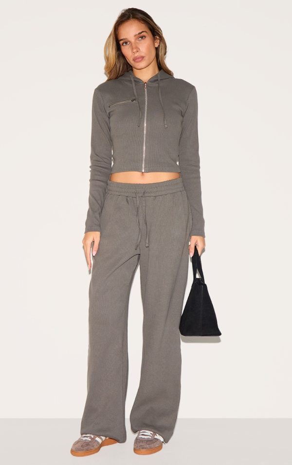Charcoal Ribbed Low Rise Wide Leg Pants