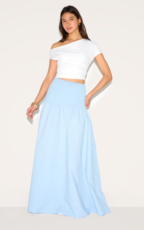 Baby Blue Shirred Waist Cotton Poplin Maxi Skirt