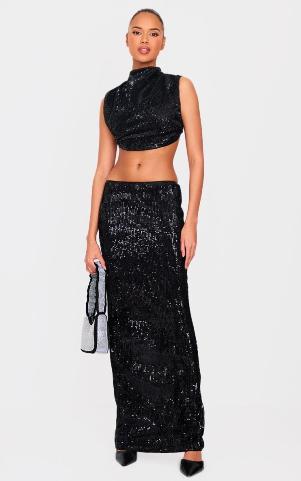Black Sequin Mid Rise Maxi Skirt