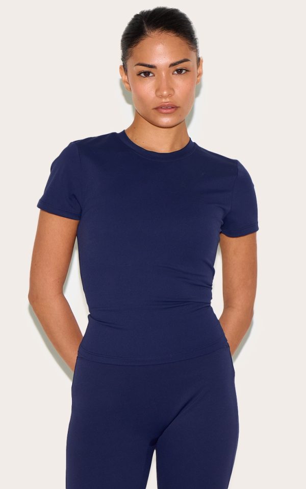 Petite Navy Sculpt Longline Short Sleeve Gym Top