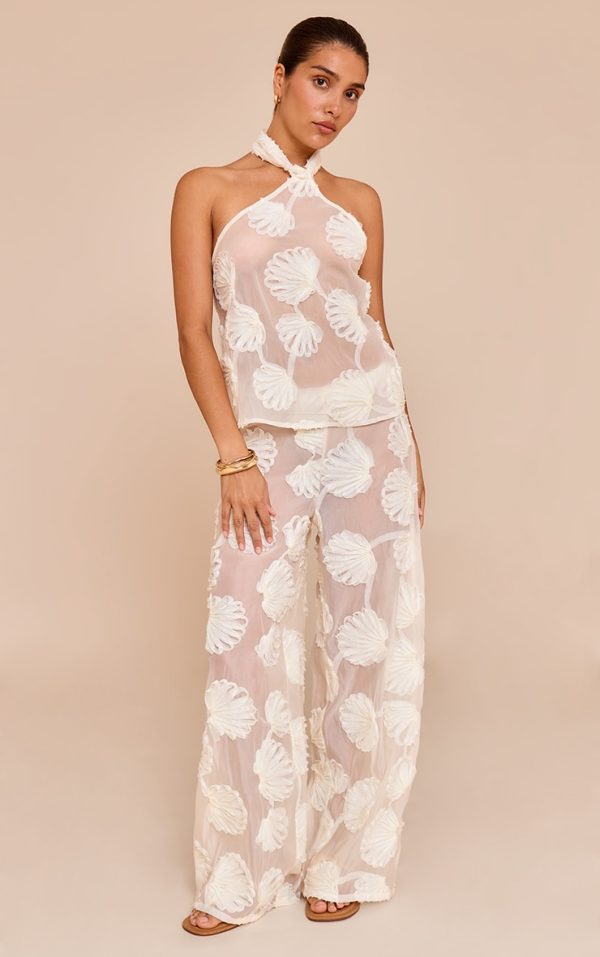 Petite Cream Sheer Shell Applique Wide Leg Pants