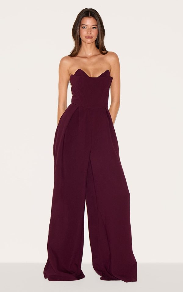 PLT Label Plum Corset Bust Detail Wide Leg Tailored Jumpsuit