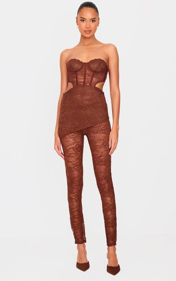 Brown Lace Cut Out Corset Detailed Jumpsuit