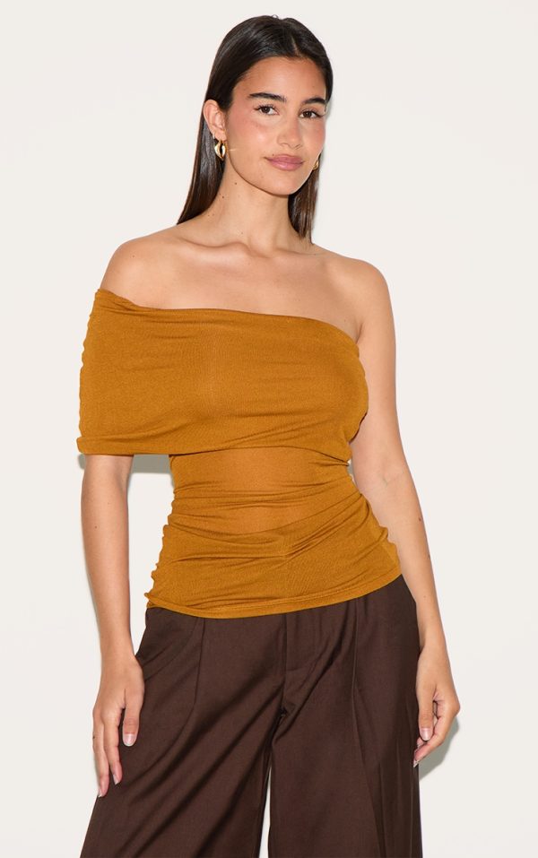 Tan Sheer Soft Touch Fold Over Detail One Shoulder Long Top
