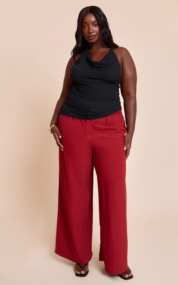 Plus Deep Red Floaty Woven Double Pleat Wide Leg Pants