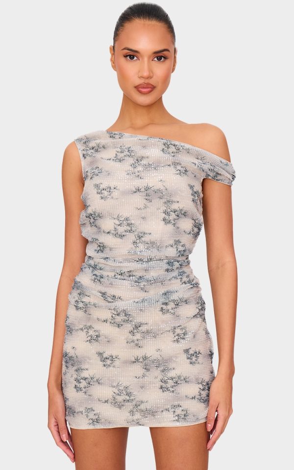 Beige Printed Textured Sequin Off Shoulder Bodycon Dress