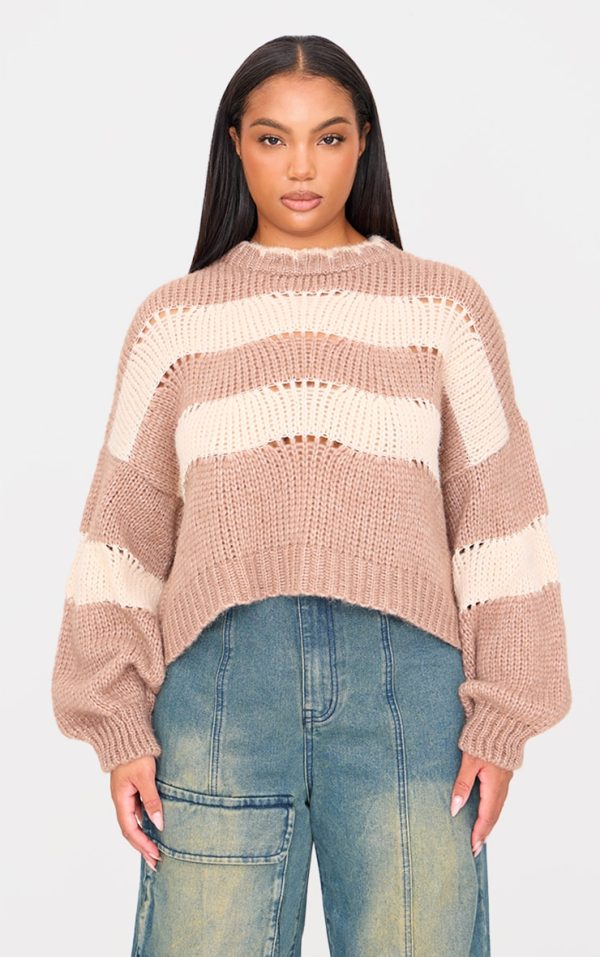 Plus Mocha Striped Fluffyy Oversized Sweater