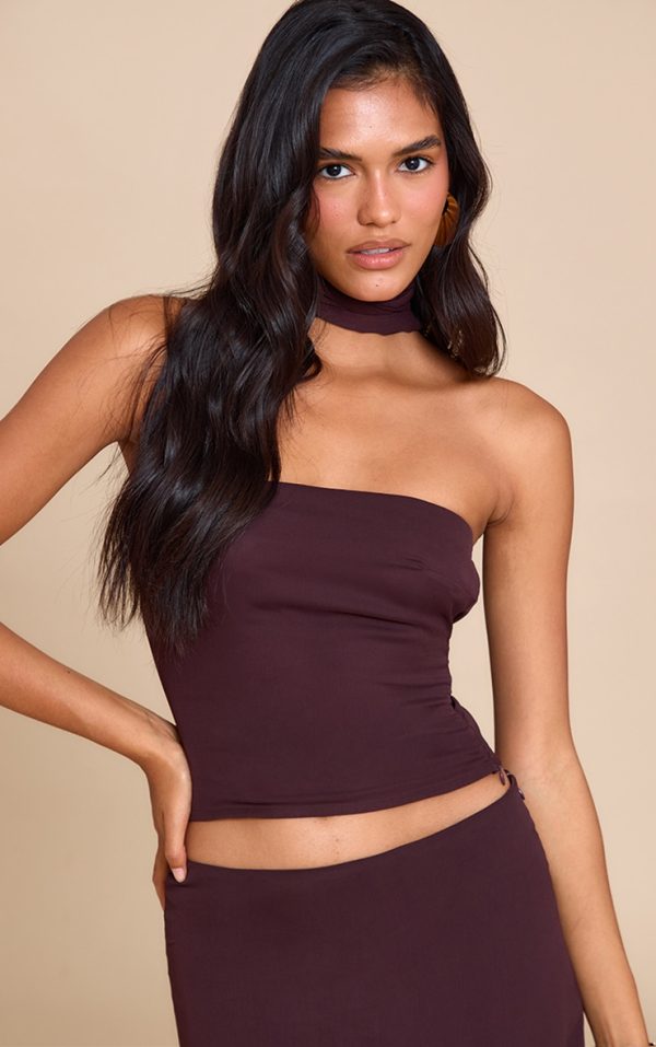 Chocolate Chiffon Neck Wrap Bandeau Top