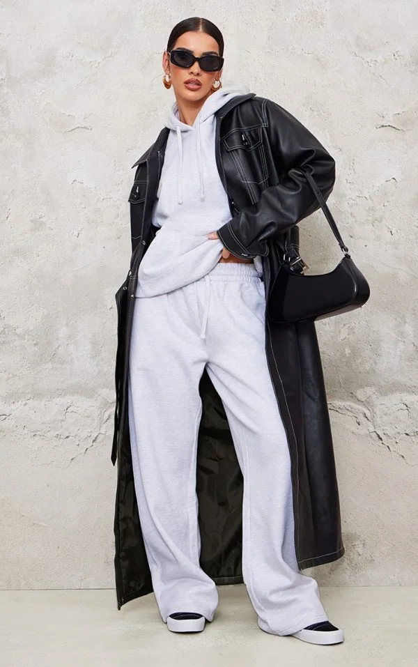 Black Faux Leather Contrast Stitch Split Hem Trench Coat