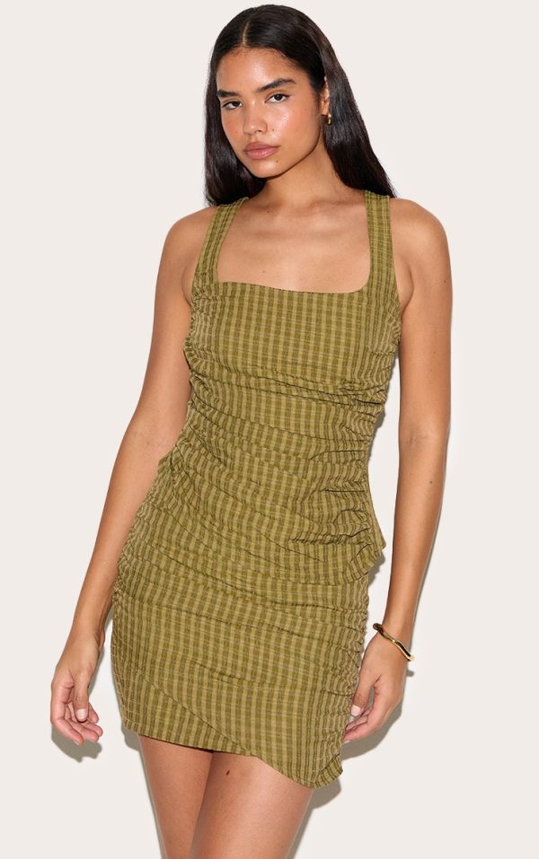 Tall Moss Green Check Square Neck Ruched Top