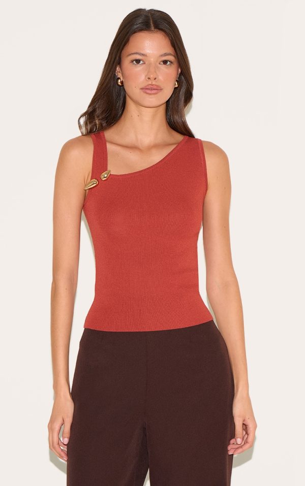 Rust Fine Knit Gold Trim Asymmetric Neckline Top