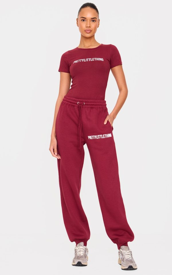 PRETTYLITTLETHING Burgundy Puff Print High Waist Cuffed Sweatpants