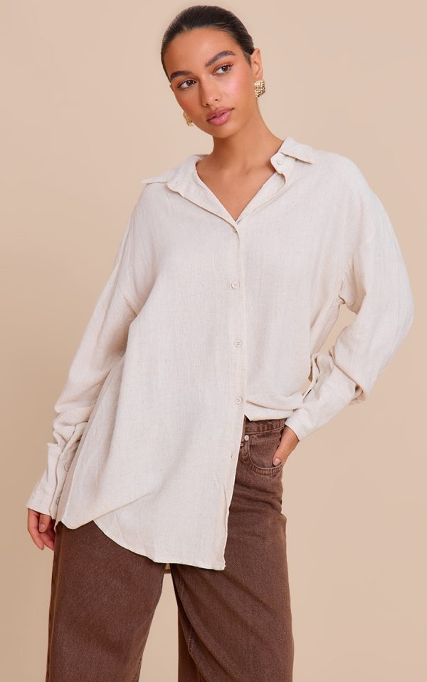 Beige Linen Look Boxy Oversized Shirt