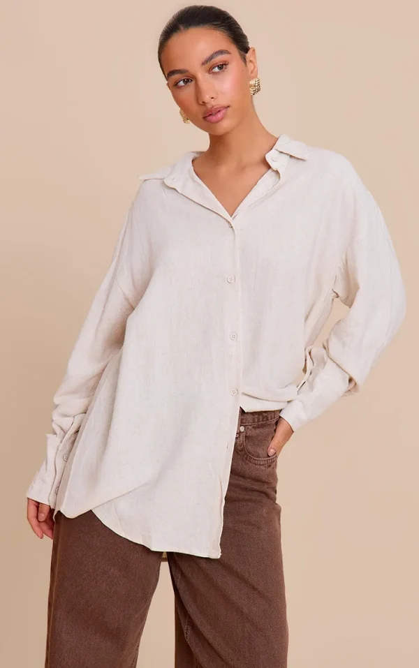 Beige Linen Look Boxy Oversized Shirt