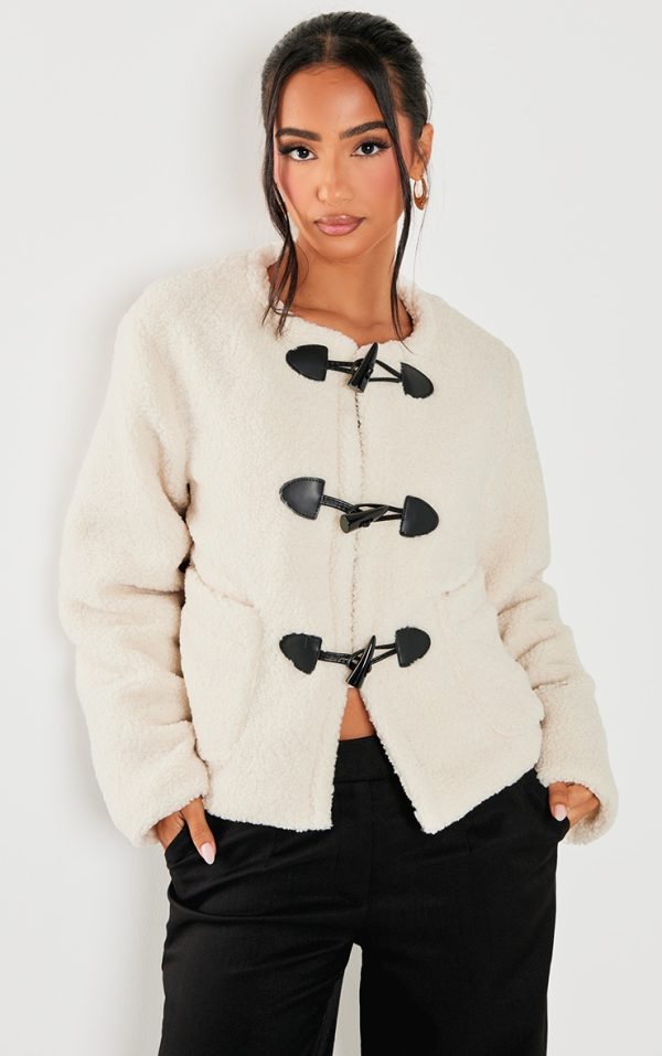 Petite Cream Borg Longline Clasp Detail Jacket
