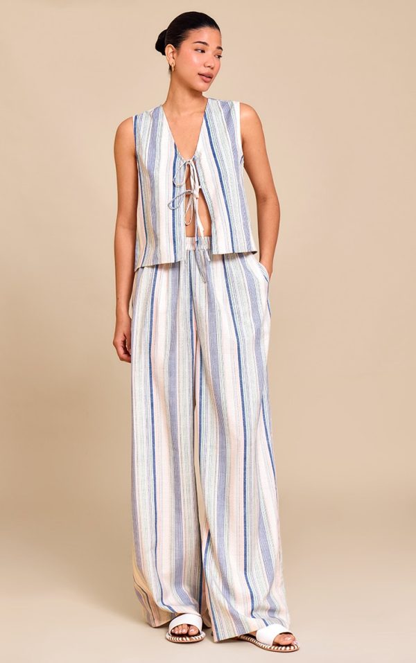Pale Blue Linen Look Pinstripe Wide Leg Pants