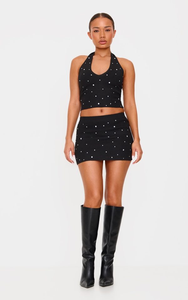 Petite Black Diamante Knit Mini Skirt