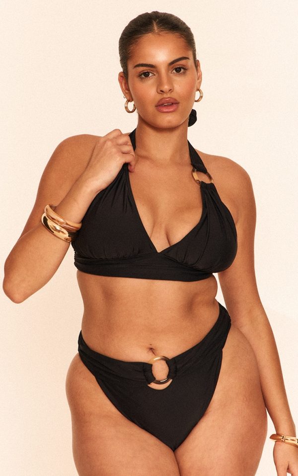 Plus Black O Ring Detail Ruched Triangle Bikini Top