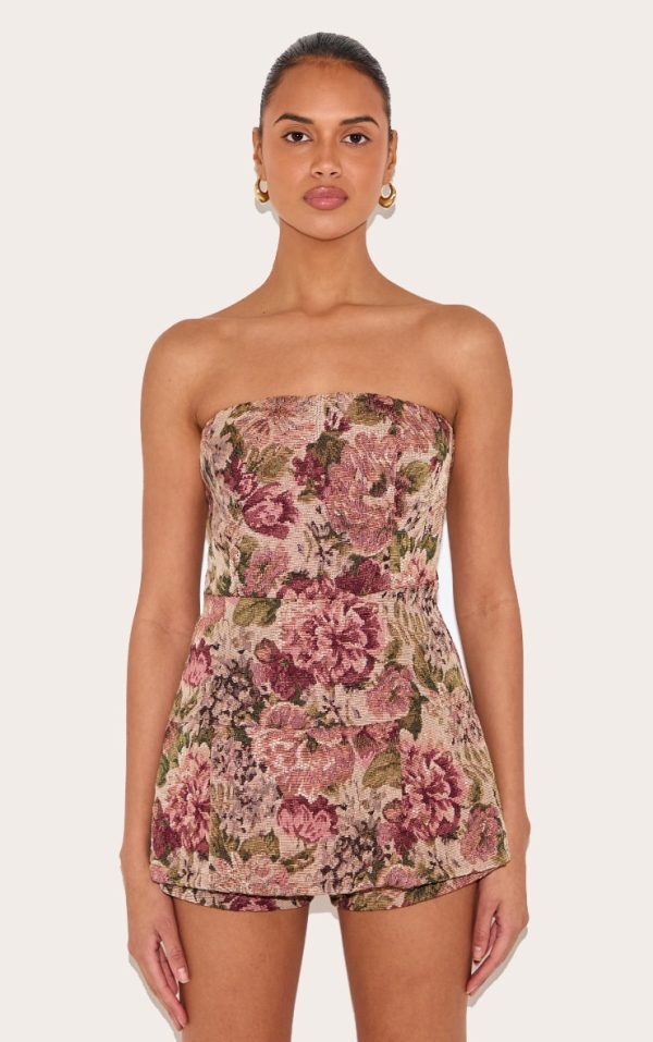 Stone Floral Jacquard Bandeau Pleated Skort Romper