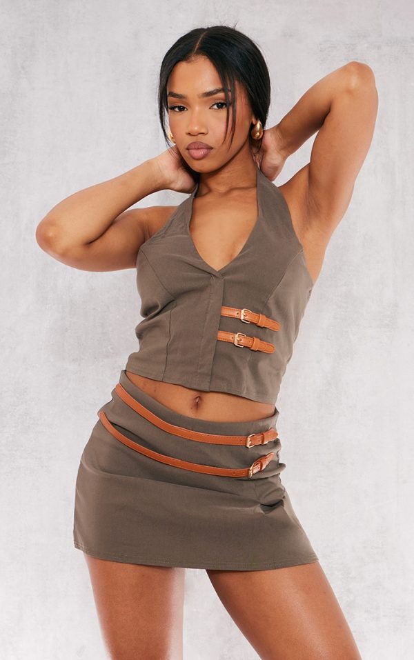 Khaki Stretch Woven Brown Belt Detail Vest