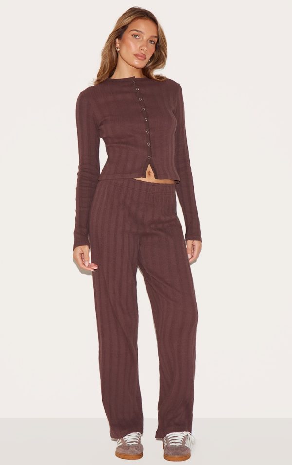 Dark Brown Rib Mid Rise Straight Leg Pants
