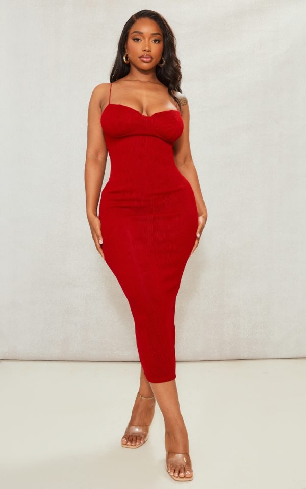 Shape Red Plisse Strappy Cup Detail Midaxi Dress