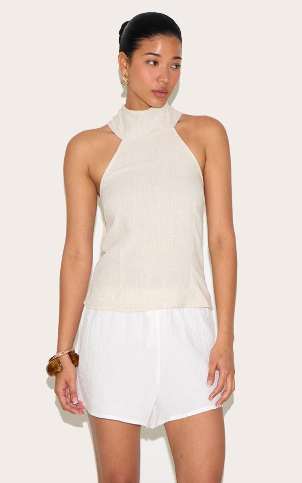 Beige Halterneck Lightweight Woven Top