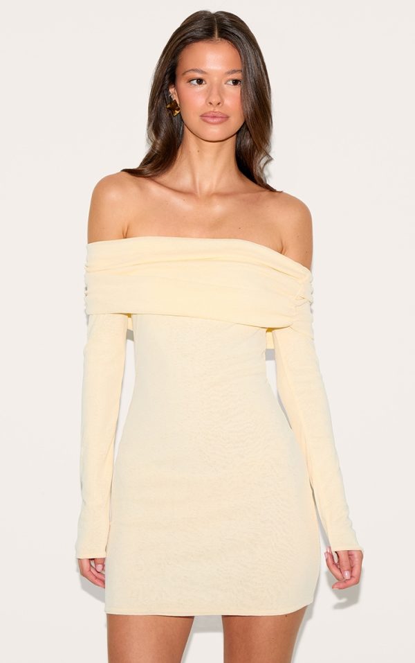 Almond Onion Skin Bardot Ruched Bodycon Dress