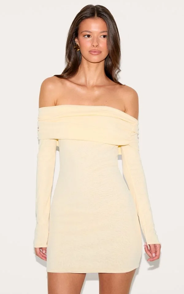 Almond Onion Skin Bardot Ruched Bodycon Dress
