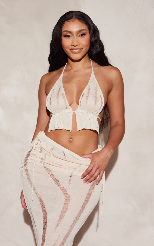 Shape Cream Knit Ladder Detailed Halterneck Bralet