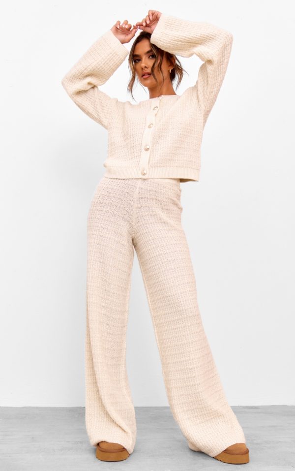 Cream Boucle Knit Wide Leg Pants