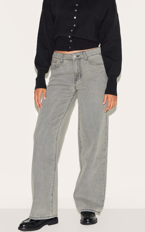 Grey Stone Washed Mid Rise Straight Leg Jeans
