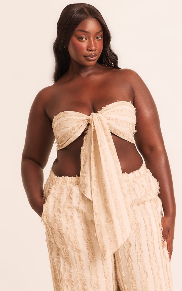 Plus Stone Frayed Linen Look Bandeau Tie Beach Top
